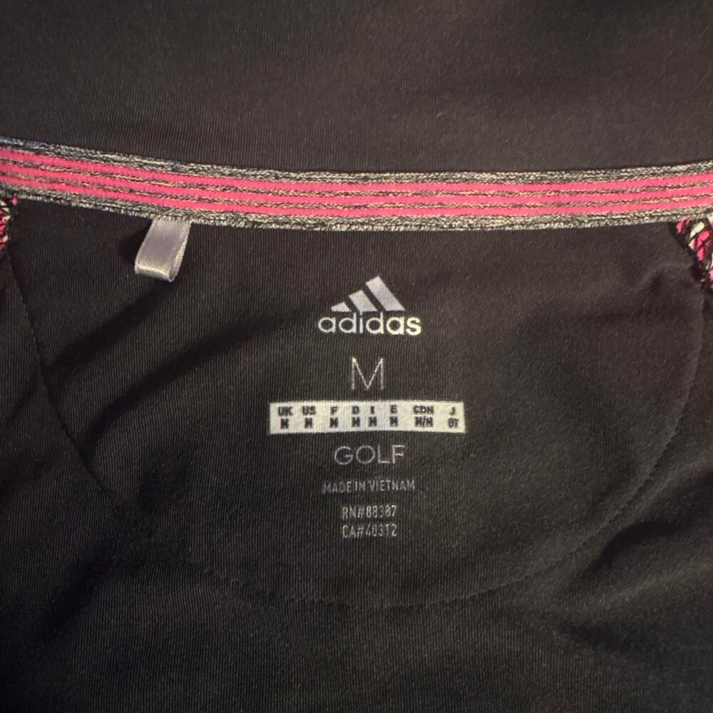 Adidas Women's Golf Polo Sz Medium Short Sleeve Black Pink Striped Preppy Top - Picture 5 of 5